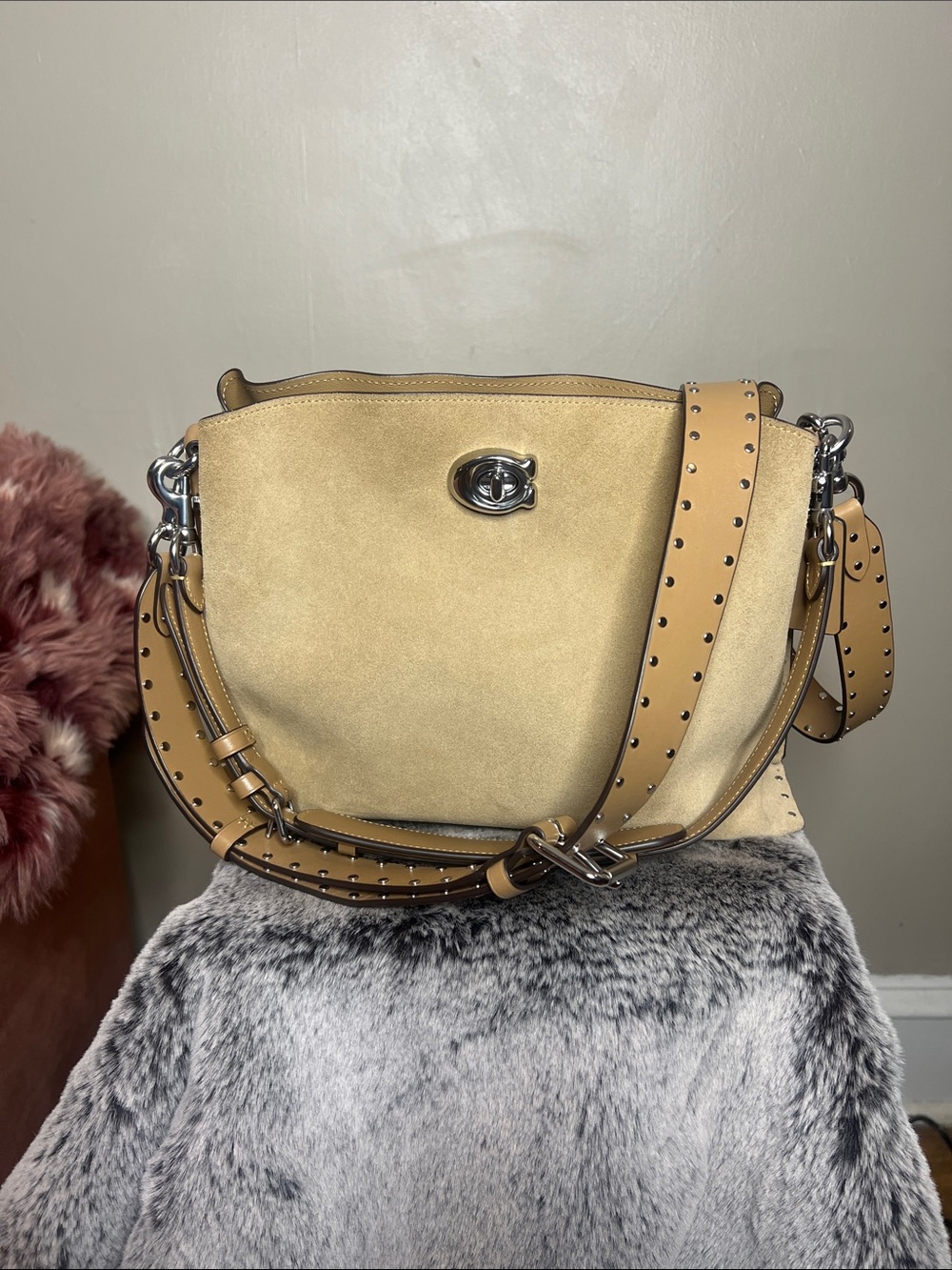 Coach Beige Suede Shoulder Bag with Studded Leather Strap